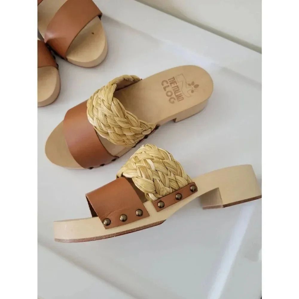 The Italian Clog Wooden mules with tan leather and rafia band Handmade 36 NWOB $